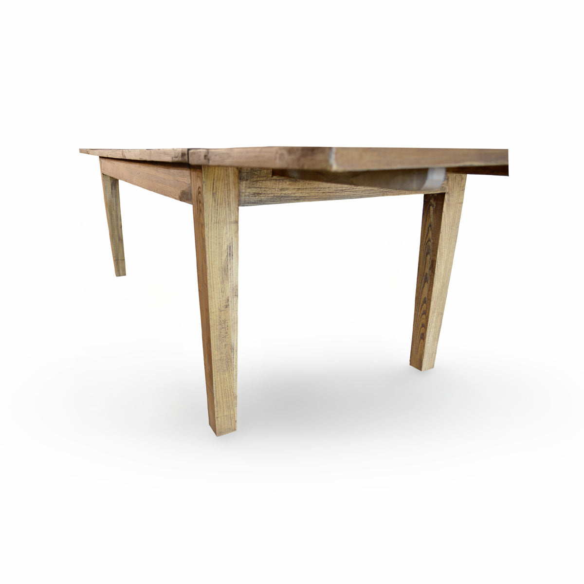 Reclaimed elm extending dining table on a solid leg base