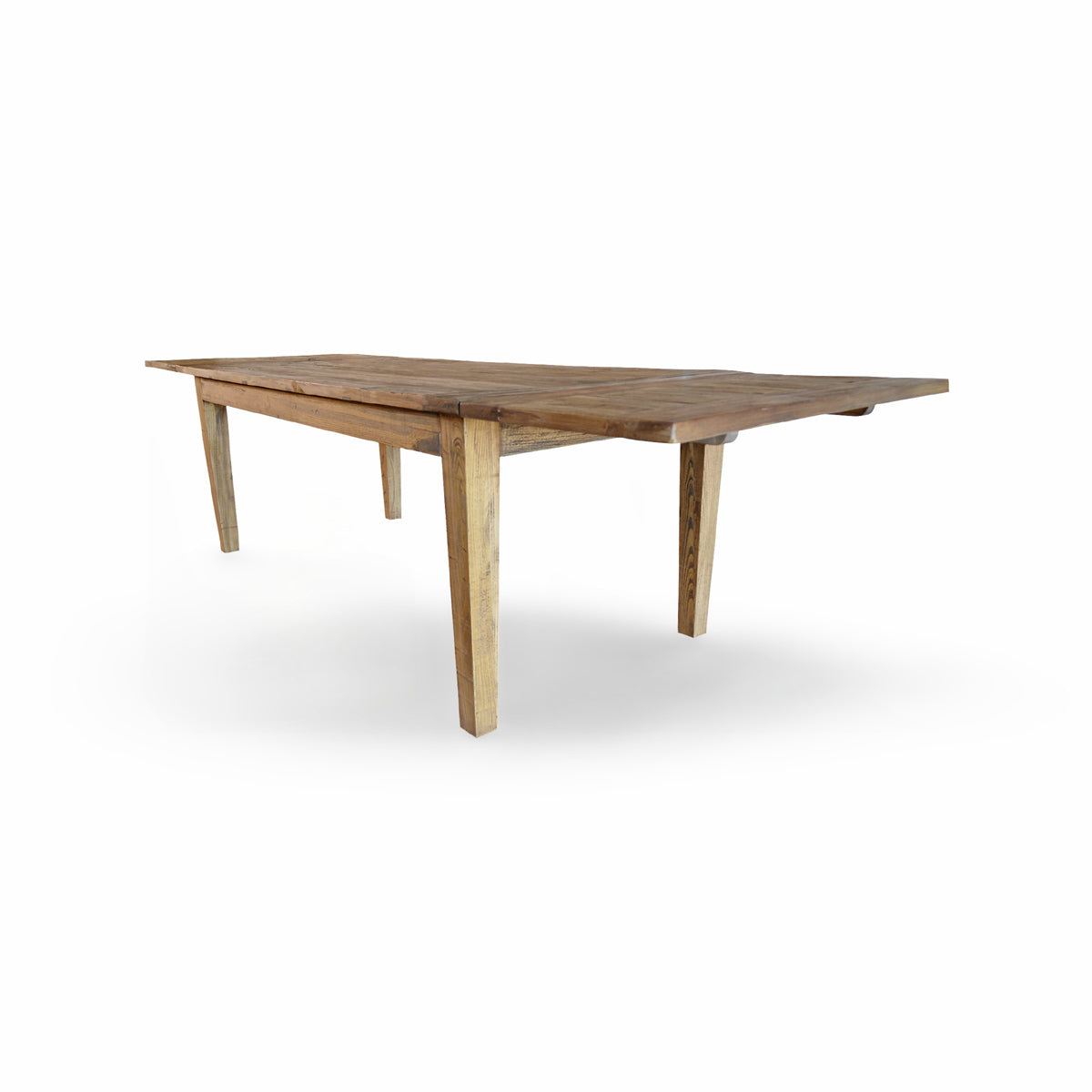Reclaimed elm extending dining table on a solid leg base