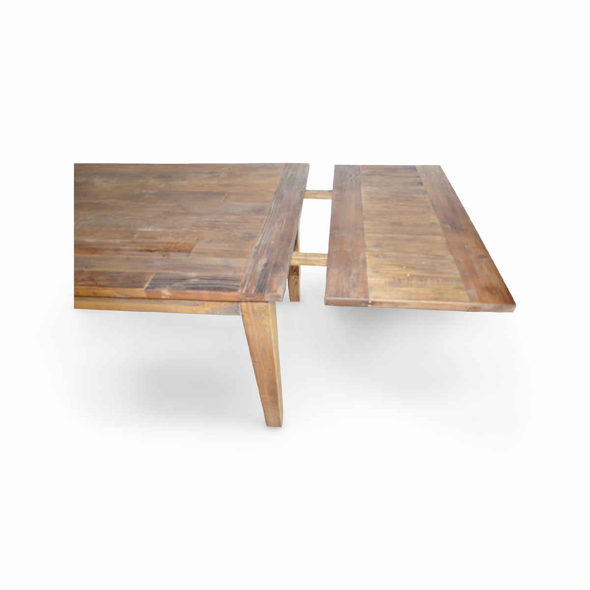 Reclaimed elm extending dining table on a solid leg base