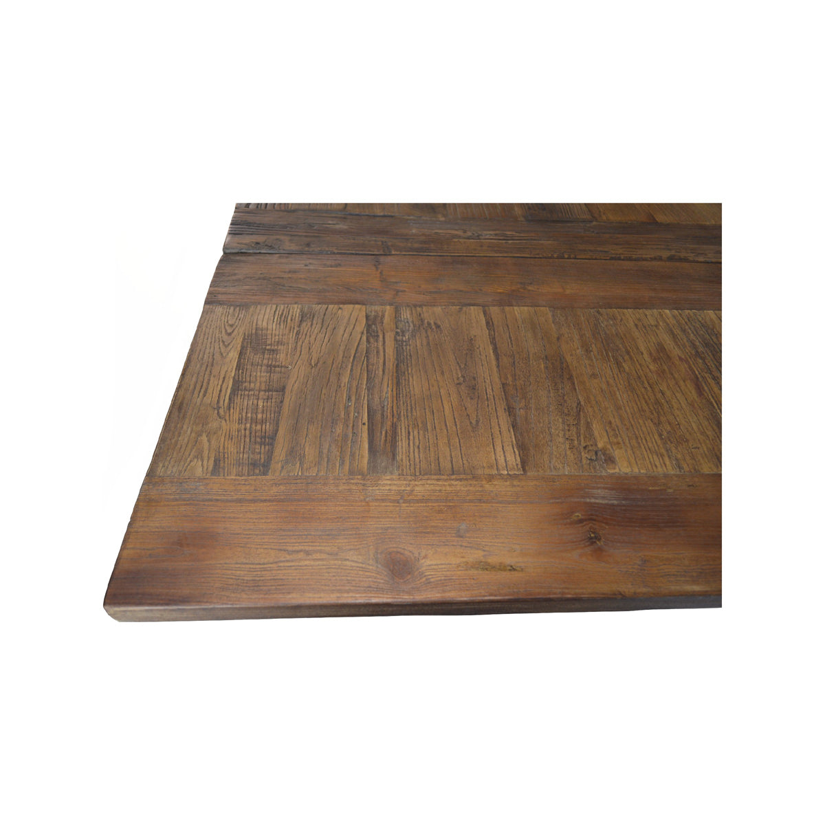 Reclaimed elm extending dining table on a solid leg base