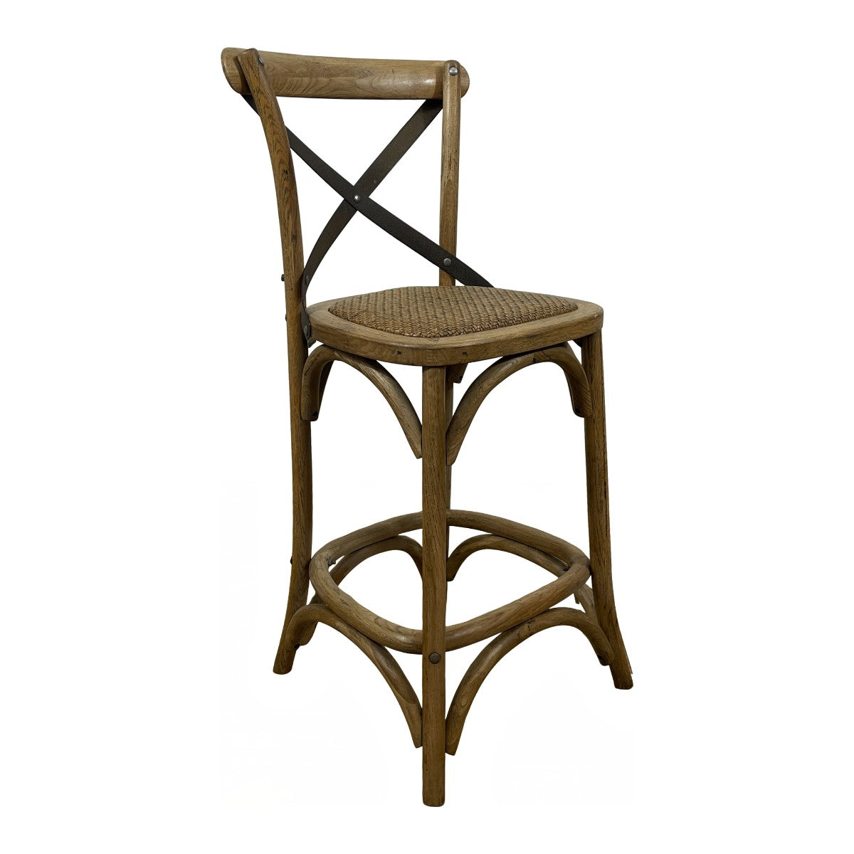 Oak counter chair with a metal cross back, woven seat and circular footrest