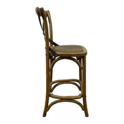 Oak counter chair with a metal cross back, woven seat and circular footrest