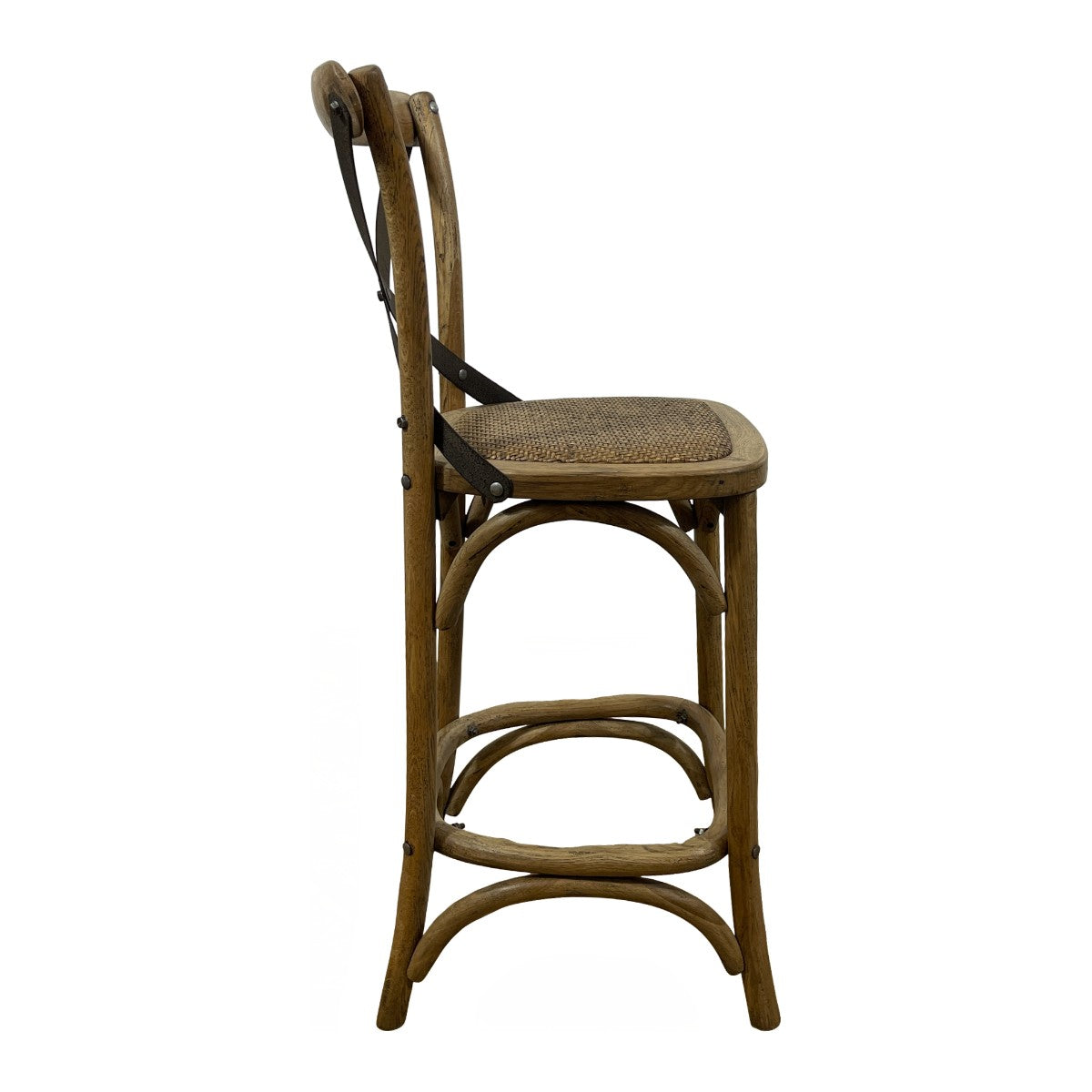 Oak counter chair with a metal cross back, woven seat and circular footrest