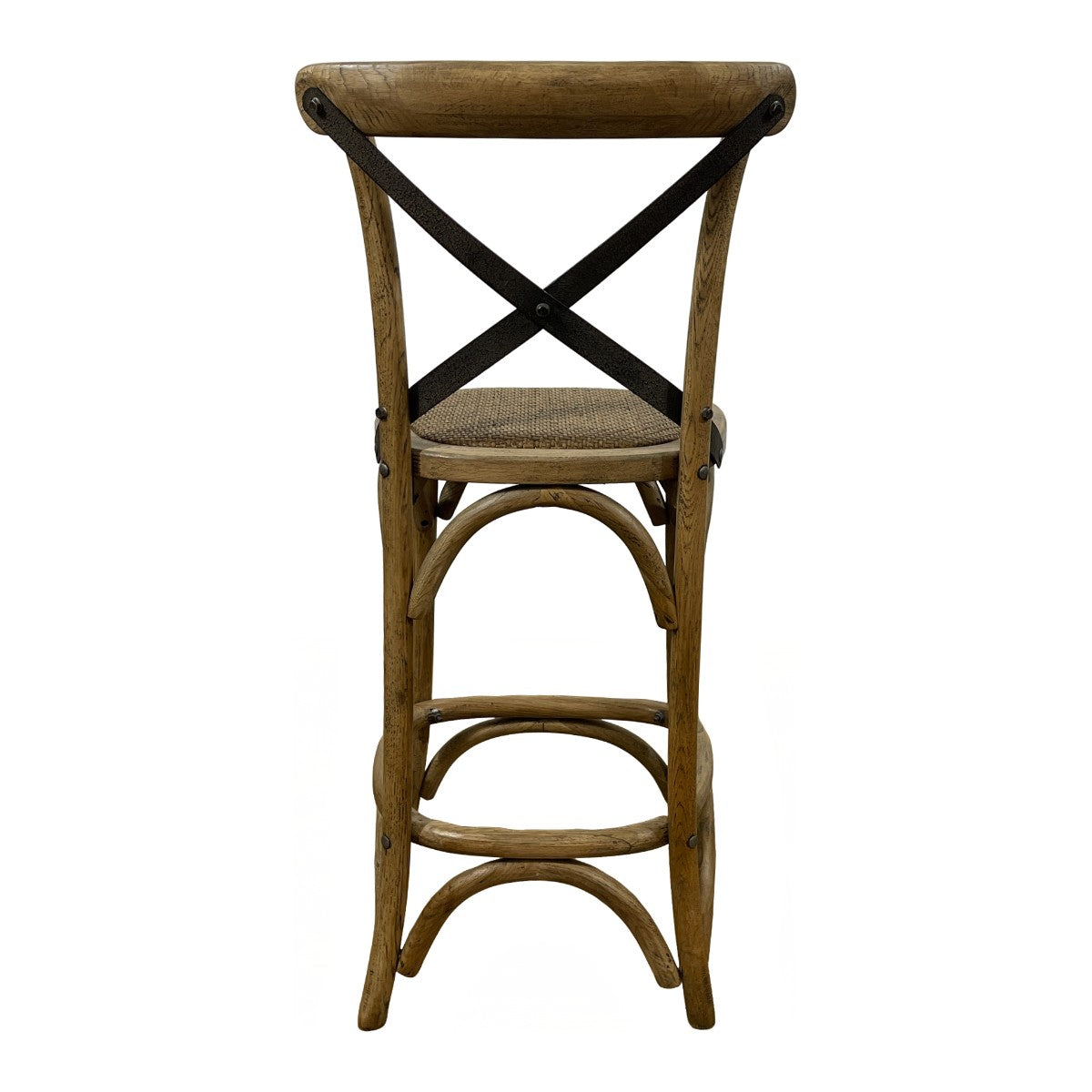 Oak counter chair with a metal cross back, woven seat and circular footrest