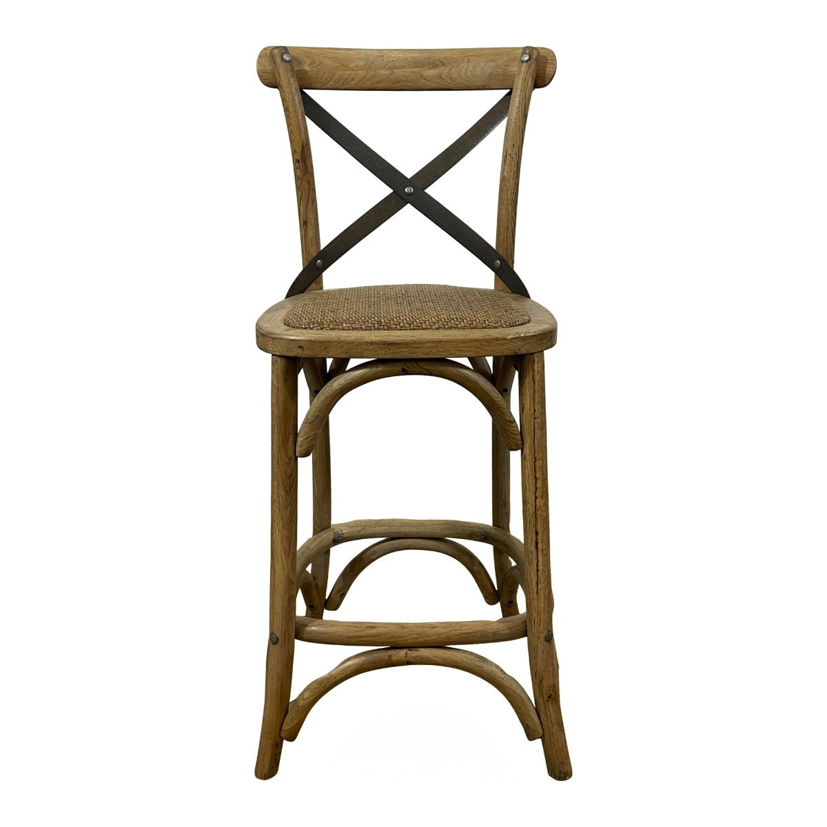 Oak counter chair with a metal cross back, woven seat and circular footrest