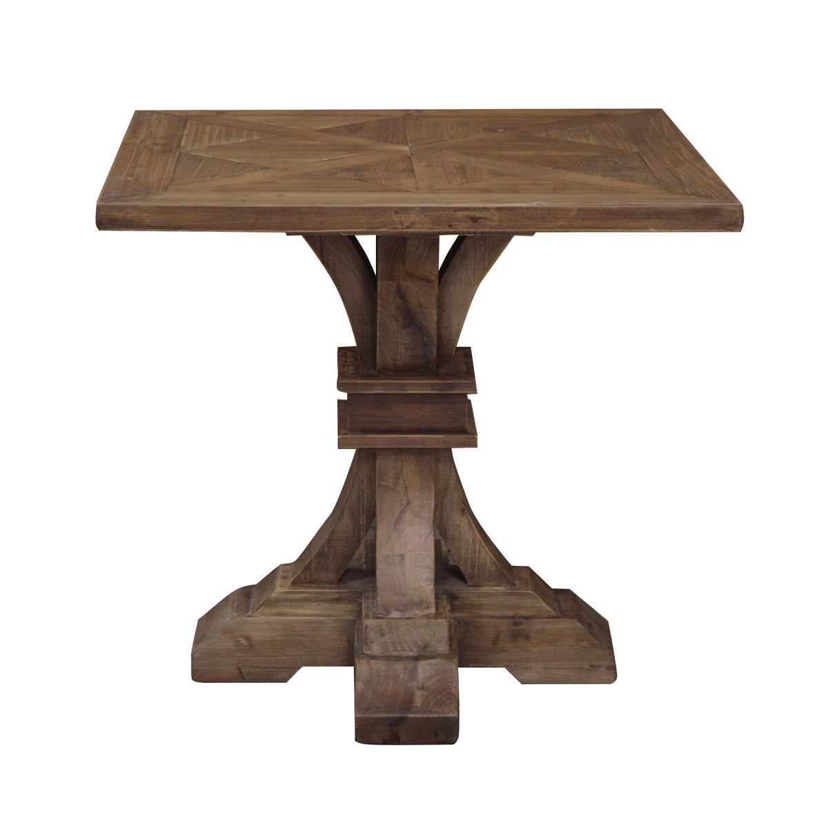 Reclaimed pine side table with square parquet top on a pedestal base