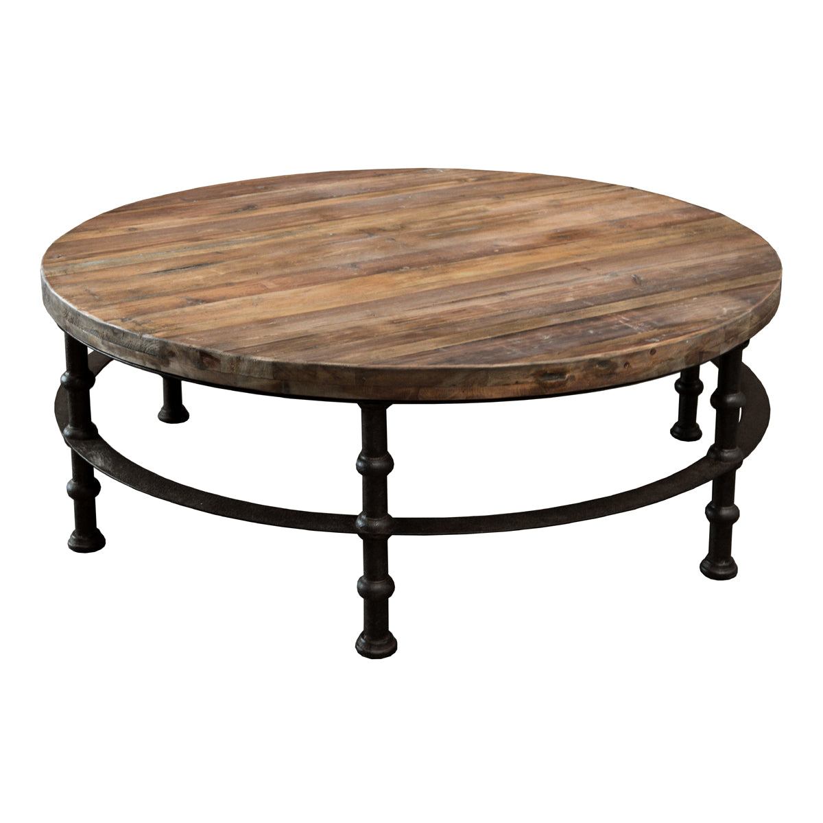 Round reclaimed pine coffee table with plank top on a turned iron base