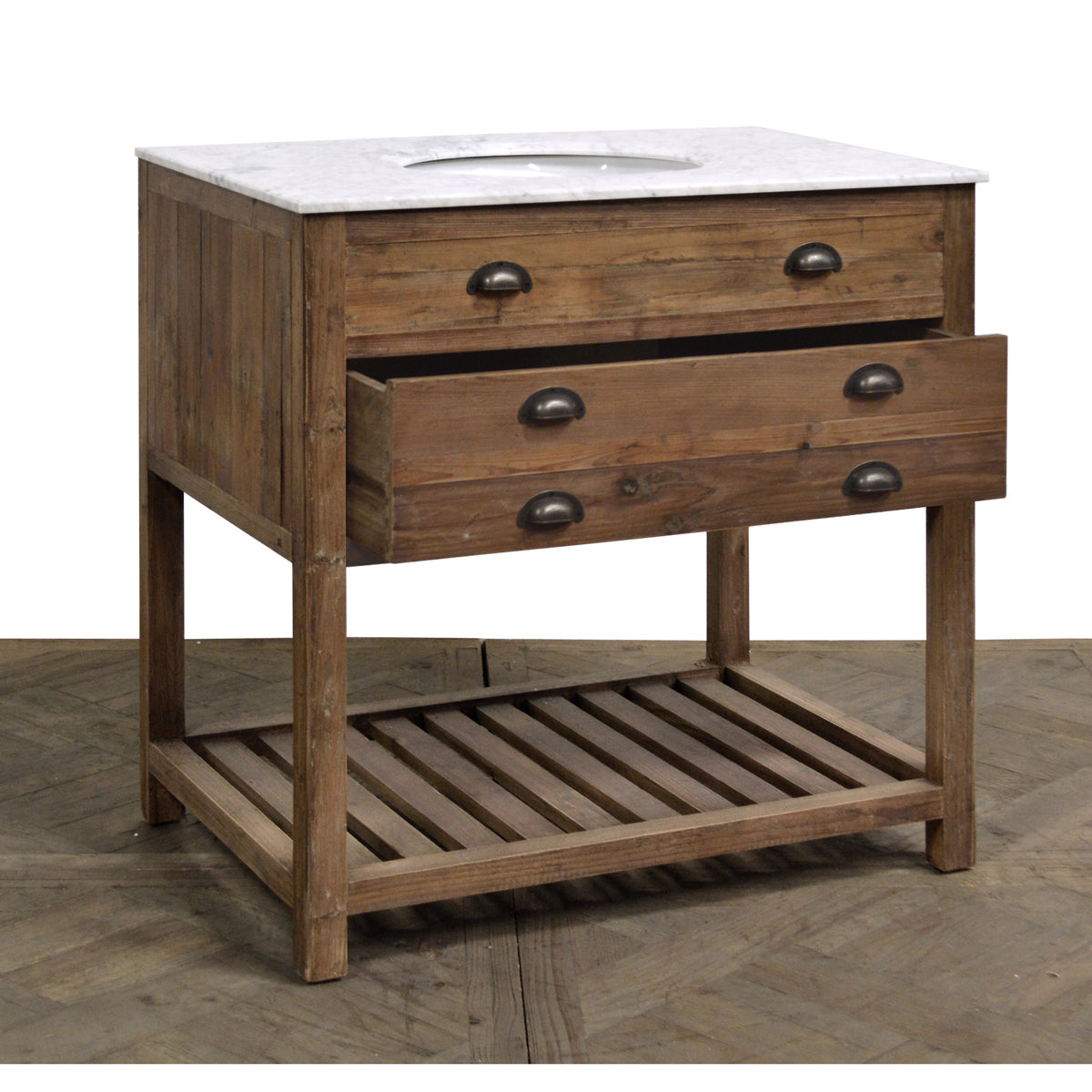 Reclaimed Pine Single Vanity with White Marble
