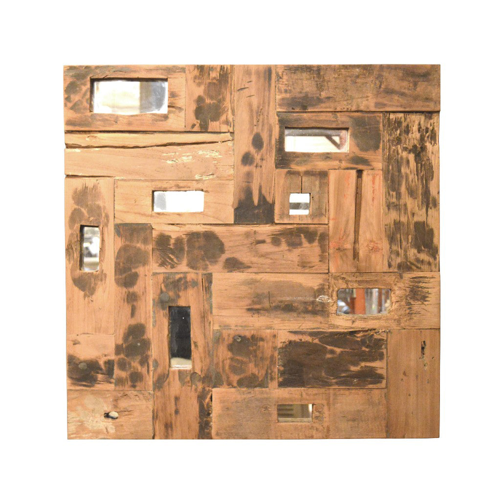 Square teak mosaic wall panel with flush mirror insets
