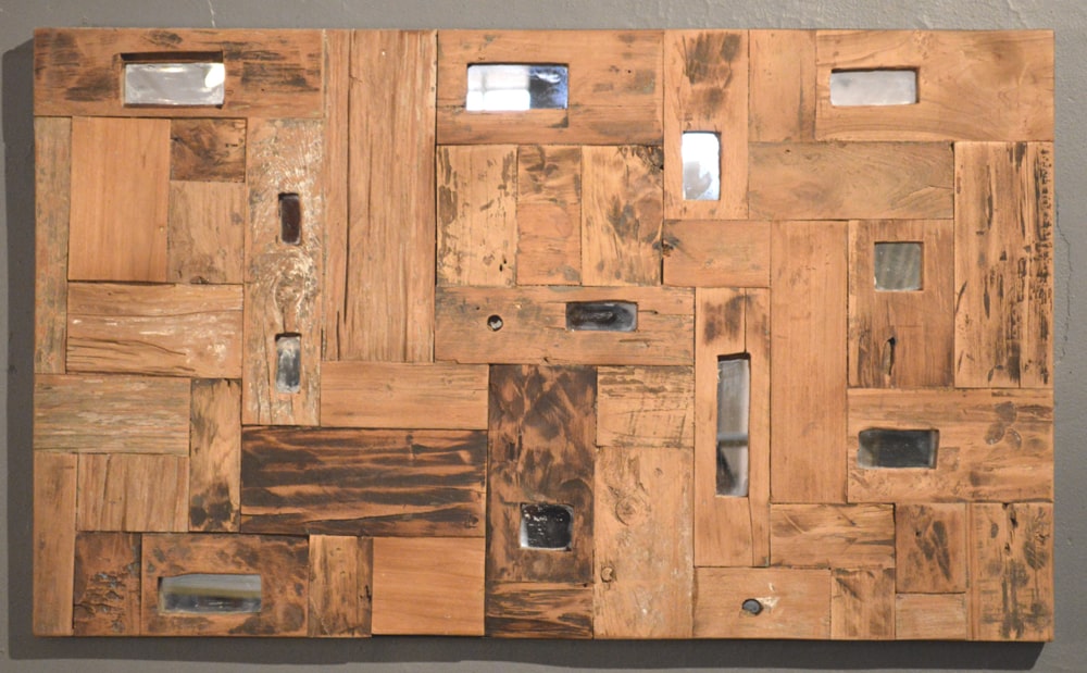 Rectangular teak mosaic wall panel with flush mirror insets