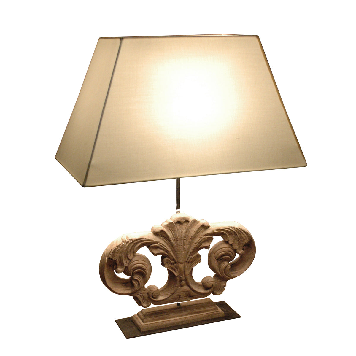 St Girons table lamp with horizontal carved base and soft shade