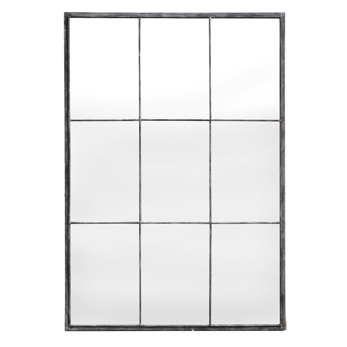 Tall mirror in a slender iron frame with a divided grid layout