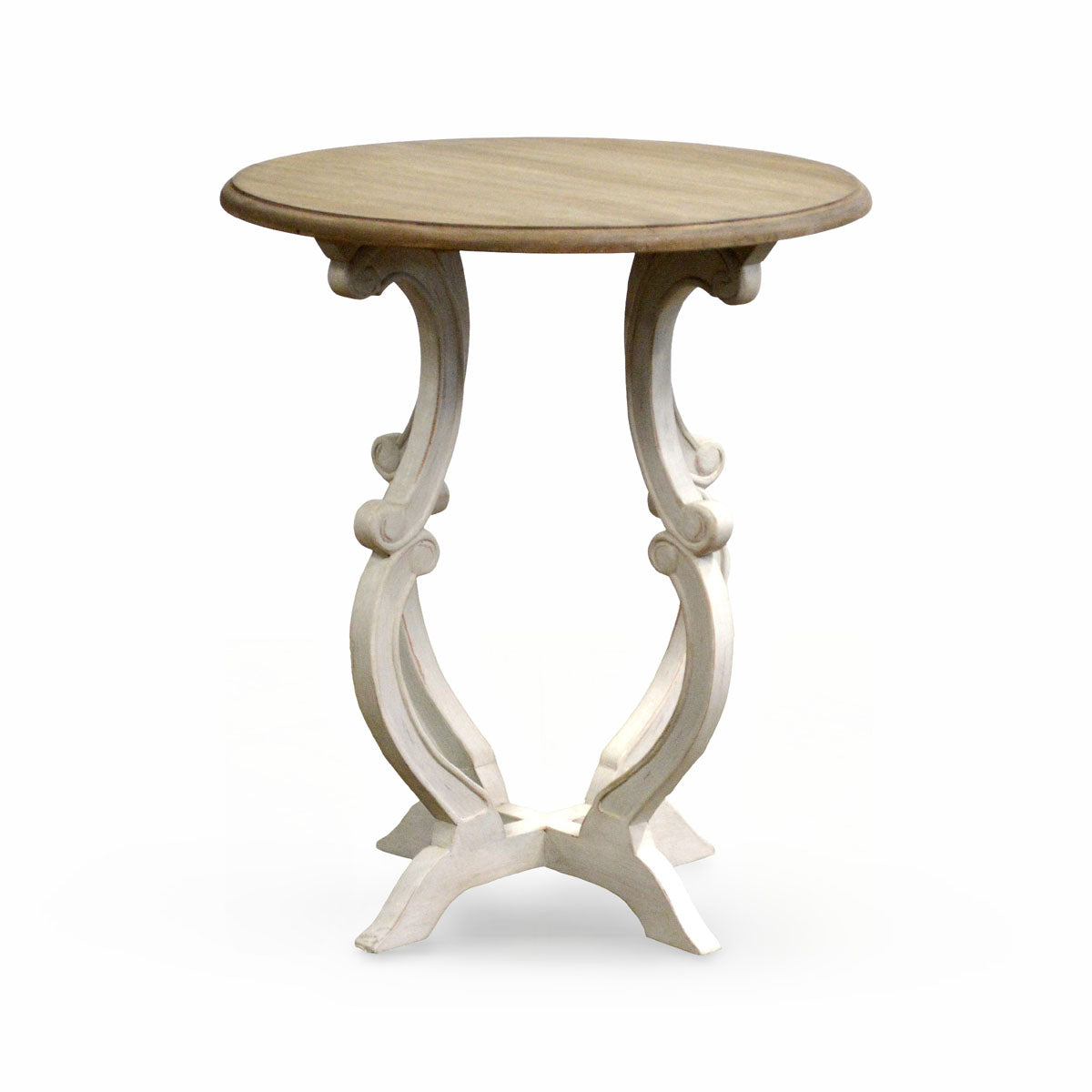 Round-top side table on curved supports in a distressed white finish
