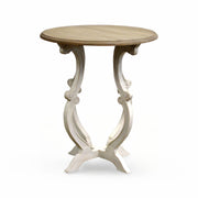 Round-top side table on curved supports in a distressed white finish