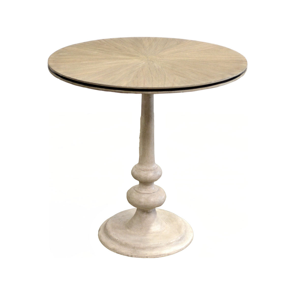 Round side table with radiating-grain top on a turned pedestal base