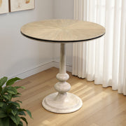 Round side table with radiating-grain top on a turned pedestal base
