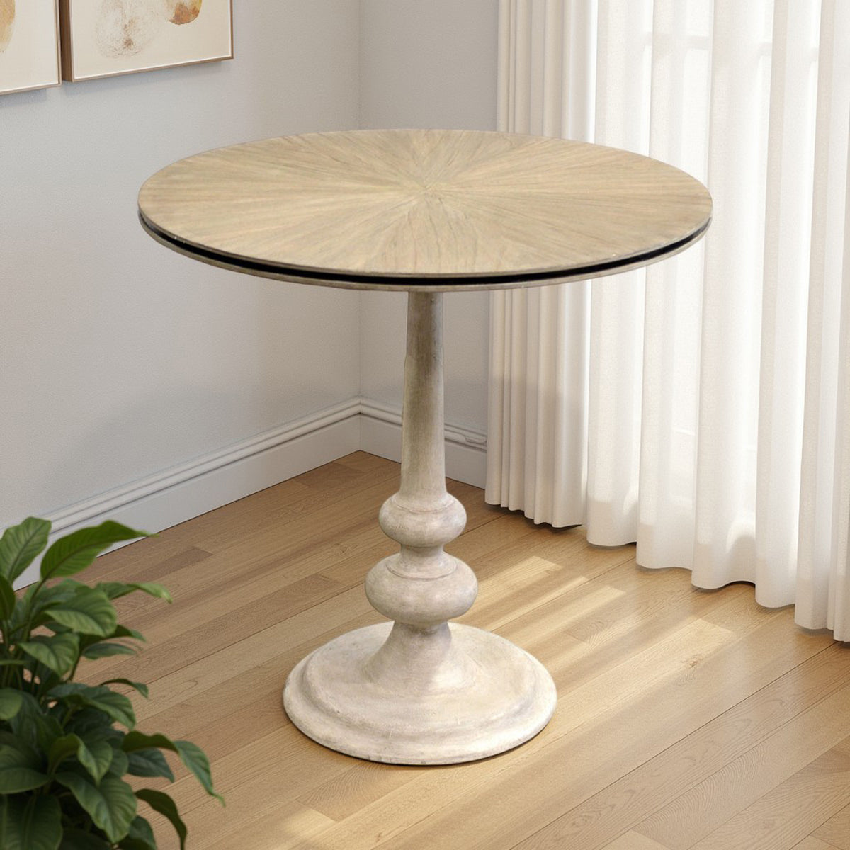 Round side table with radiating-grain top on a turned pedestal base