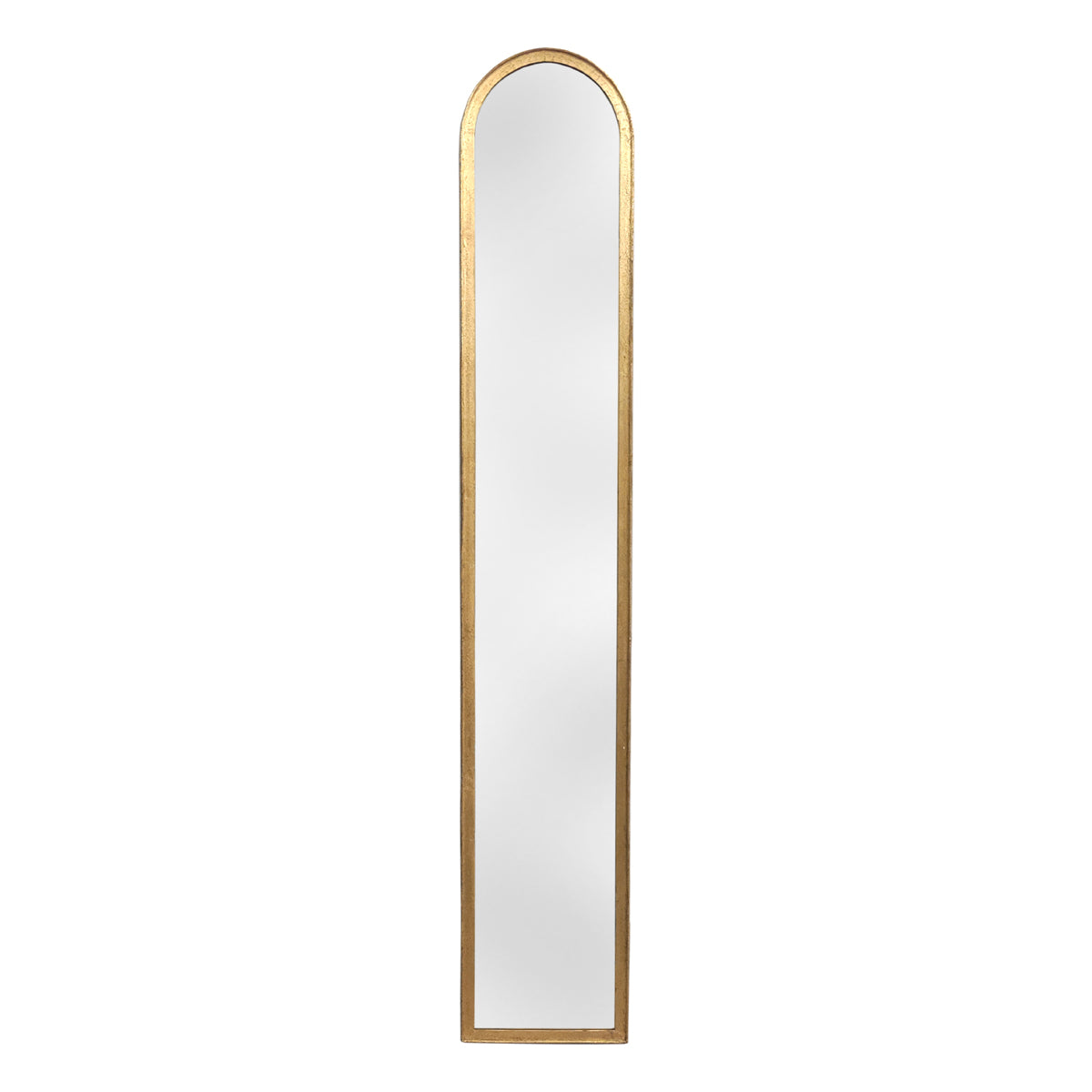 Tall slender arched mirror in a warm-finished metal frame