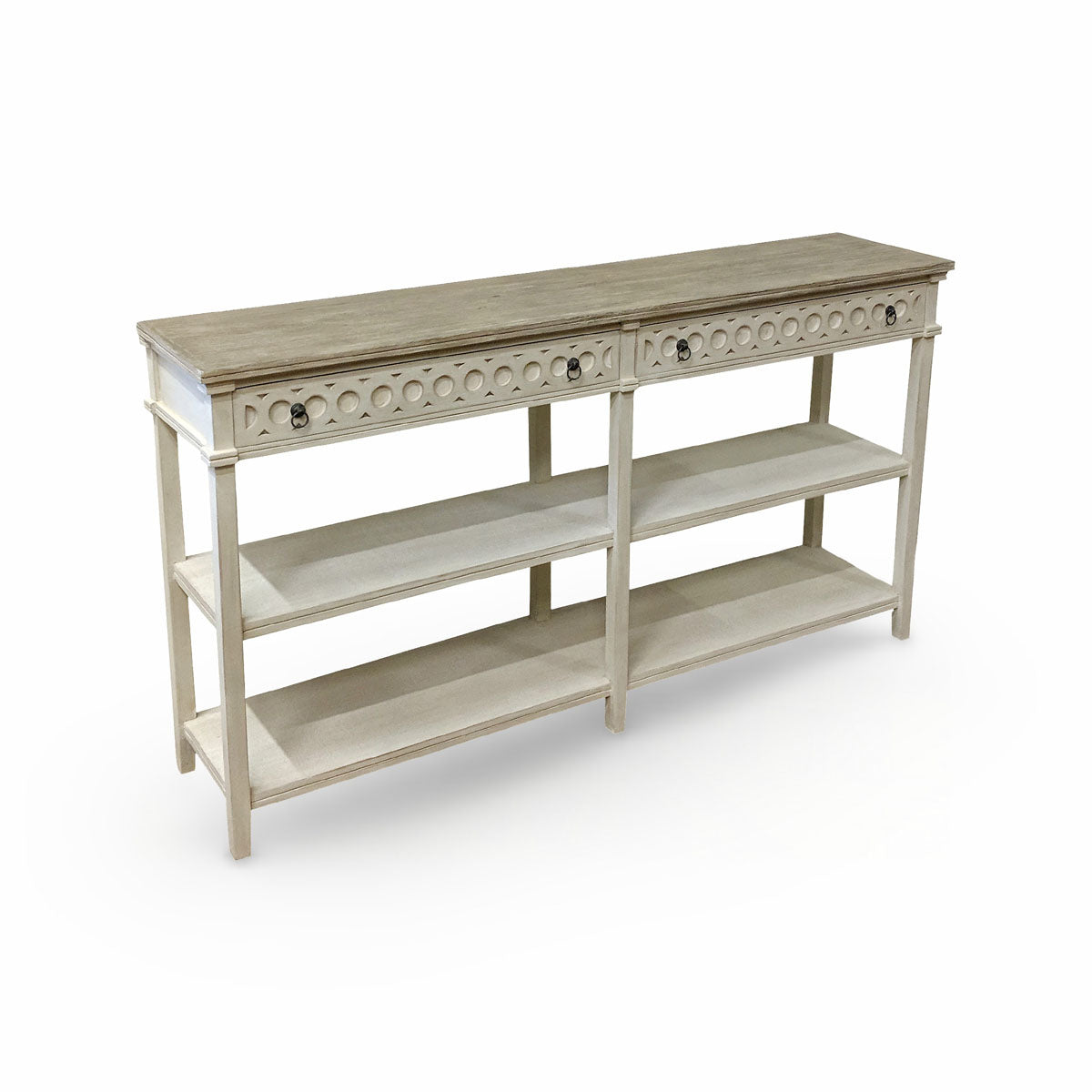 Painted-wood console table with cutwork apron, drawers and open shelf