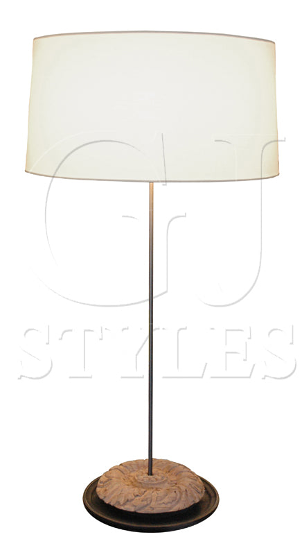 Marseille mindi wood table lamp with slender stem and round carved base