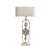 Beaune table lamp with open frame, central carved medallion and shade