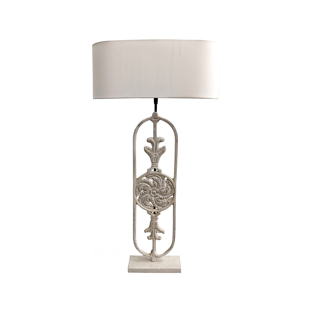 Beaune table lamp with open frame, central carved medallion and shade
