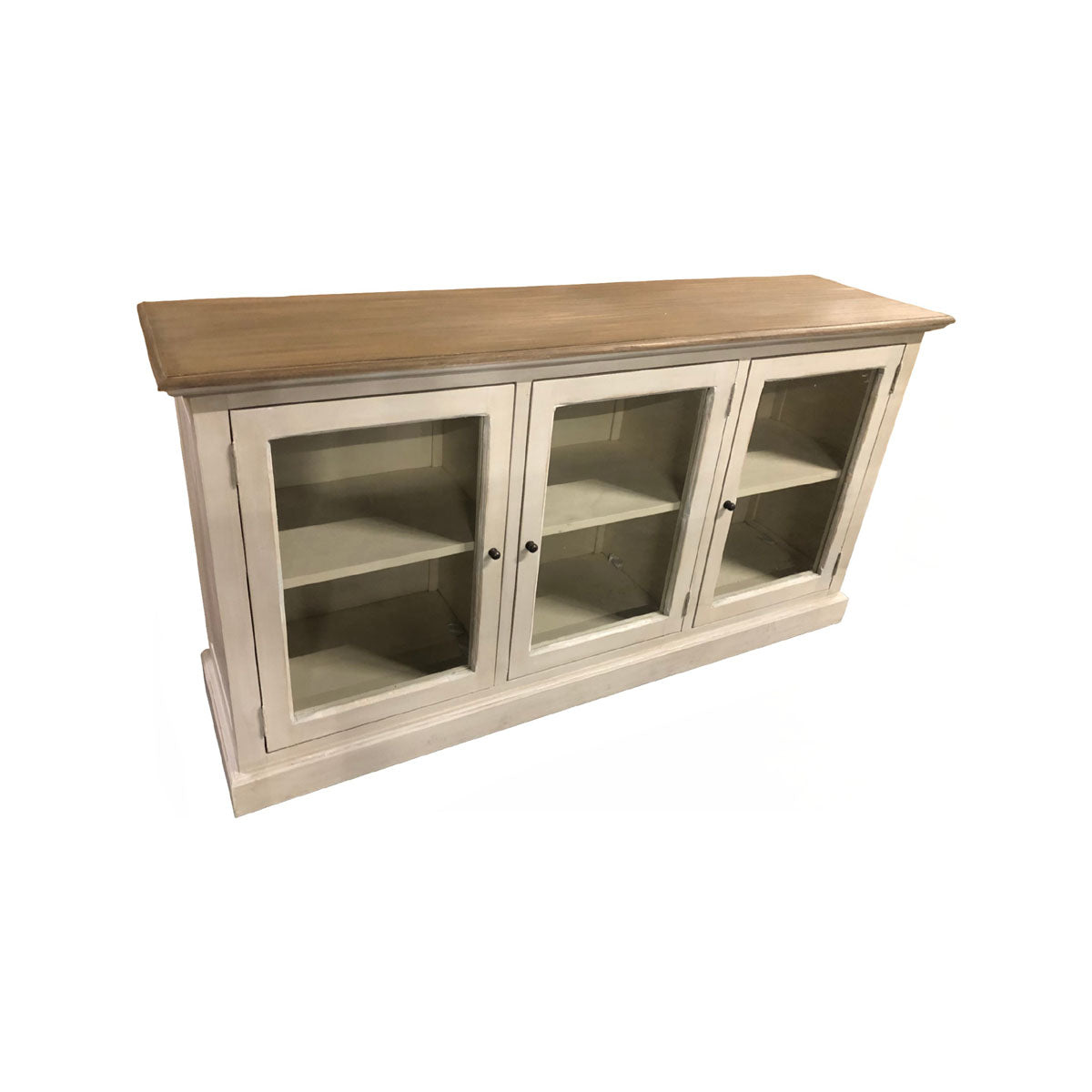 Croix solid wood sideboard with three glass-front doors in a light muted finish