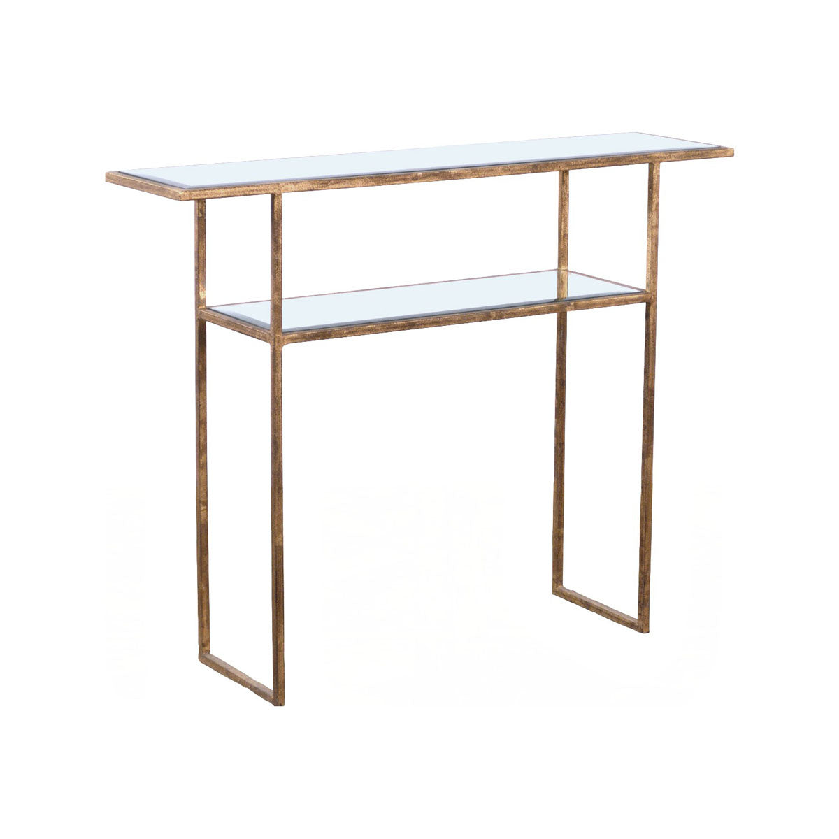 Steel console table with antiqued mirror surfaces and gold frame