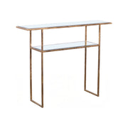Steel console table with antiqued mirror surfaces and gold frame