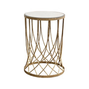 Round side table with glass top on a woven steel lattice base