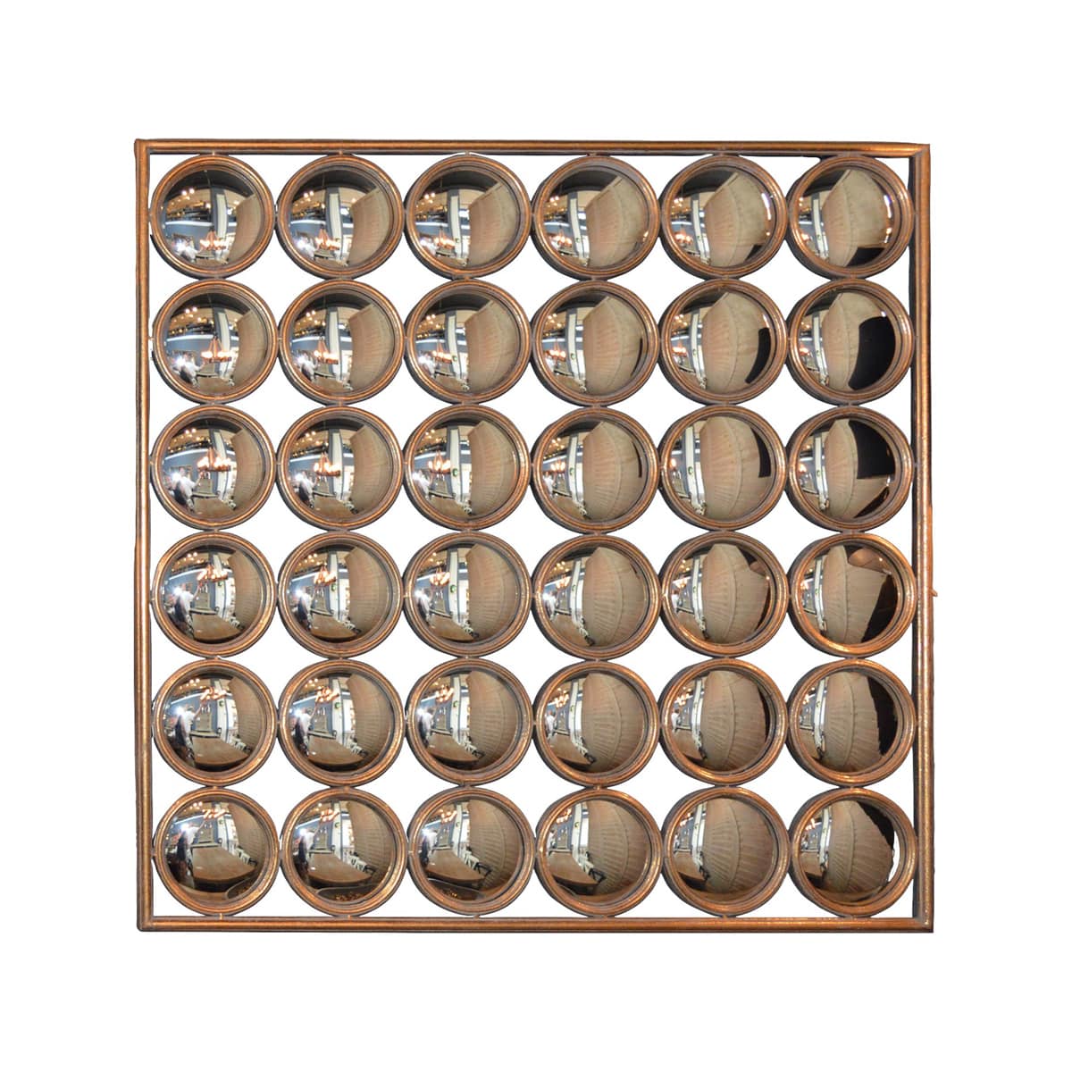 Wall mirror with a grid of convex glass lenses in a metal frame