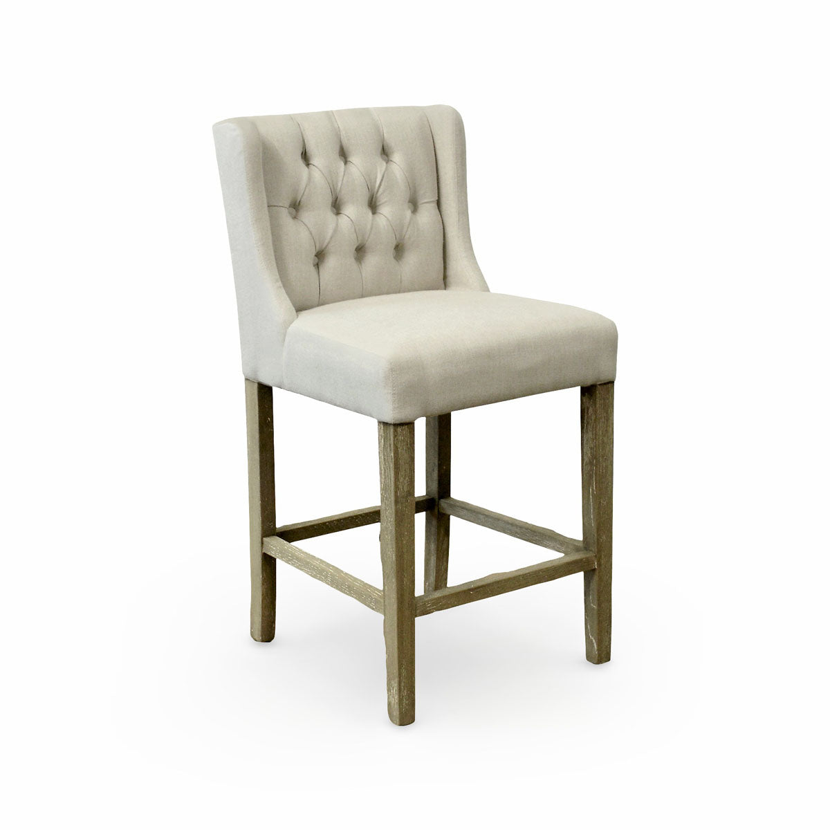 Ecru linen wing-back counter stool on an oak frame with a chrome back handle