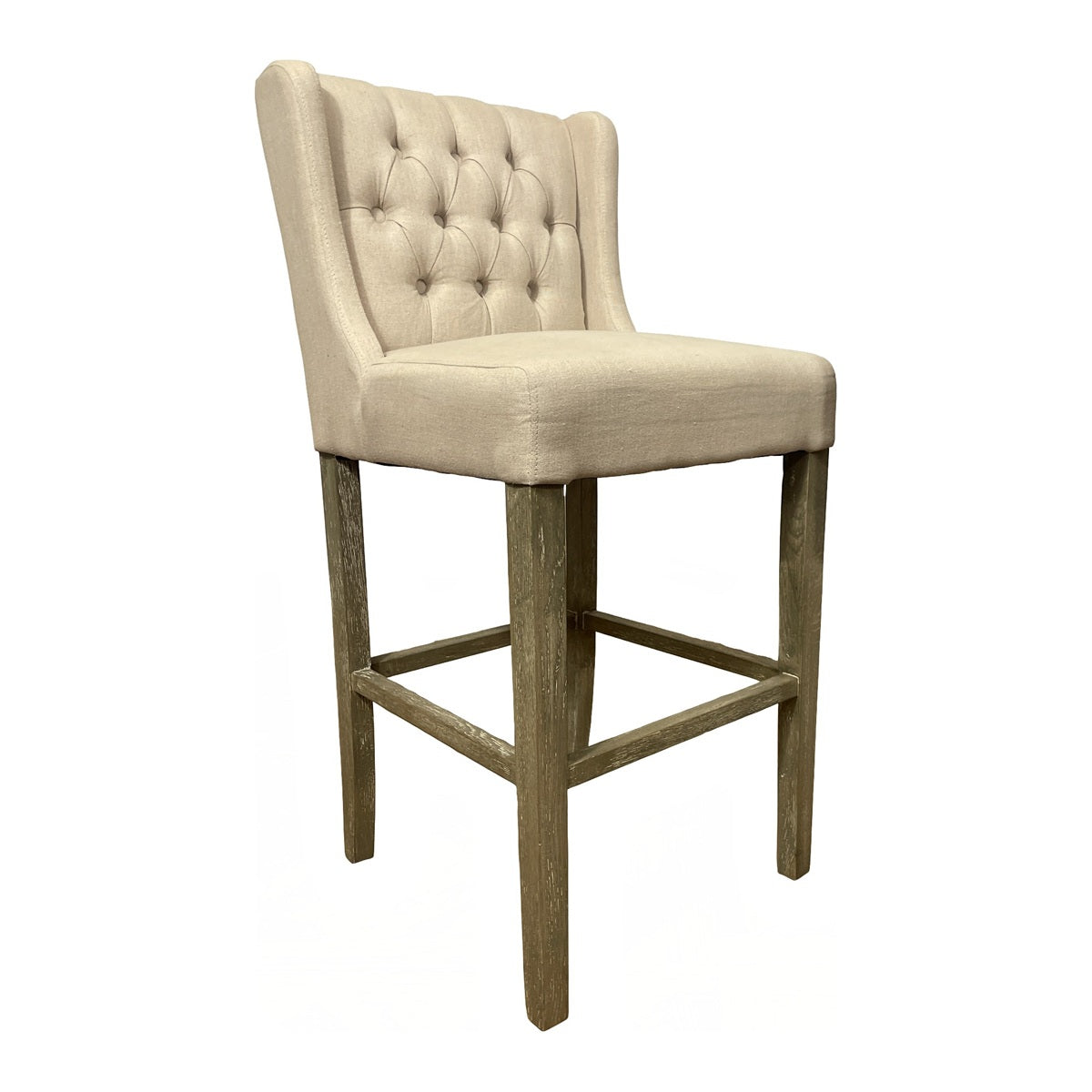 Wing-back barstool upholstered in ecru linen on a wood frame
