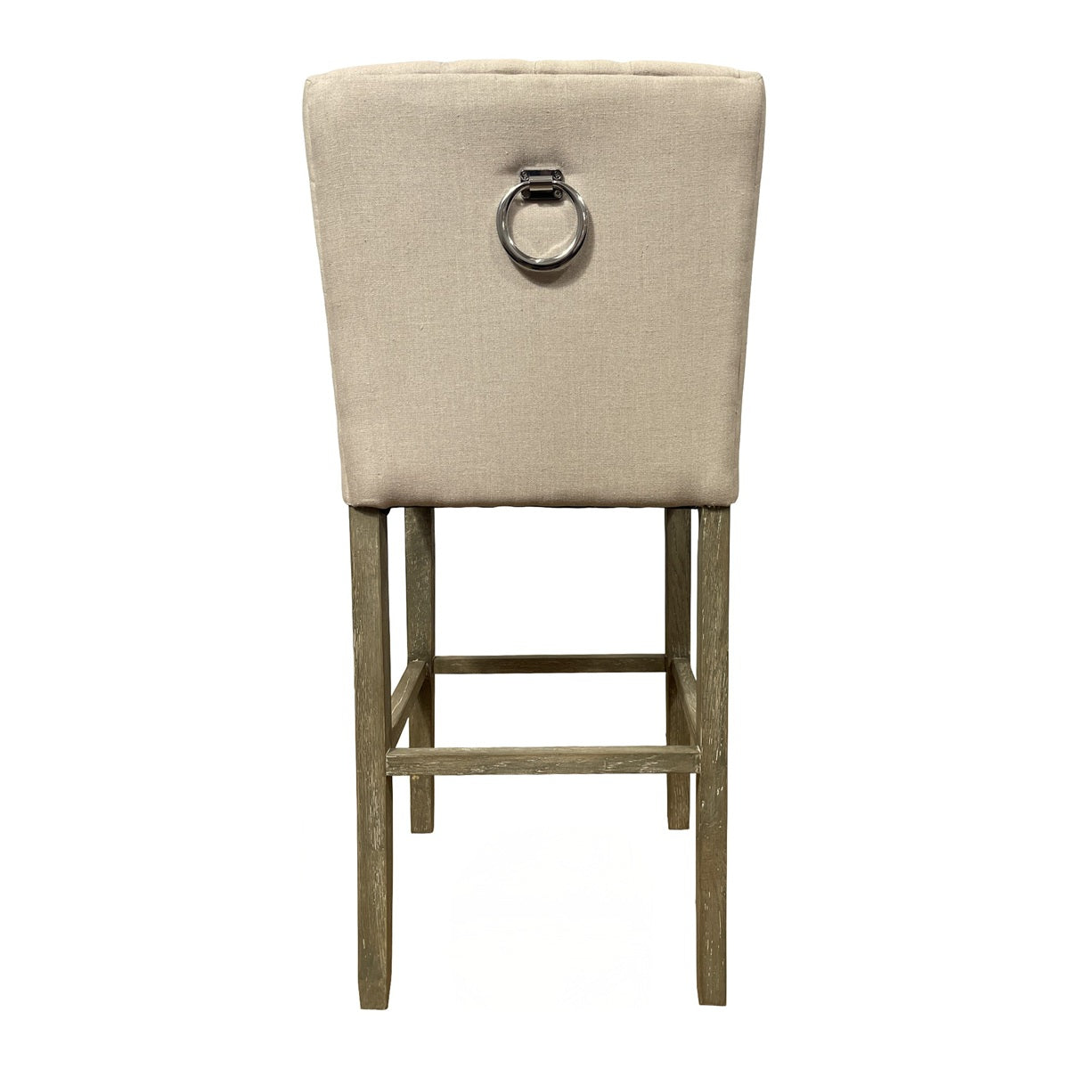 Wing-back barstool upholstered in ecru linen on a wood frame