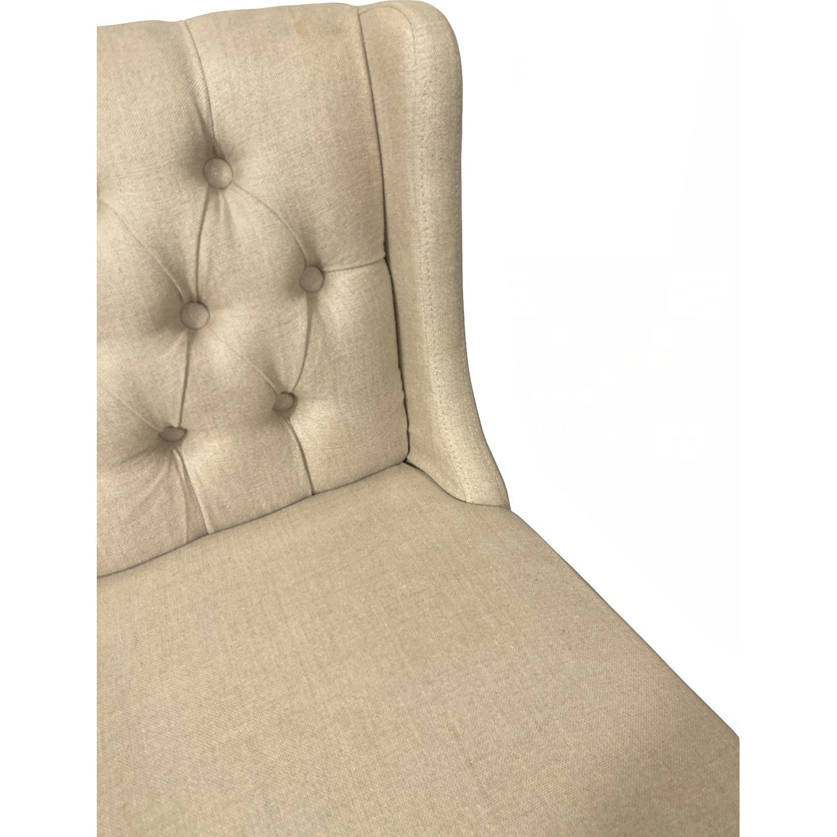 Wing-back barstool upholstered in ecru linen on a wood frame
