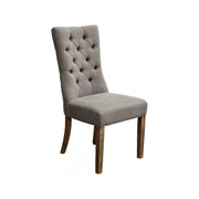 Grey button-tufted side chair with oak legs