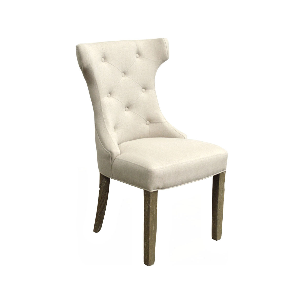 Ecru linen scoop-back side chair on an oak frame