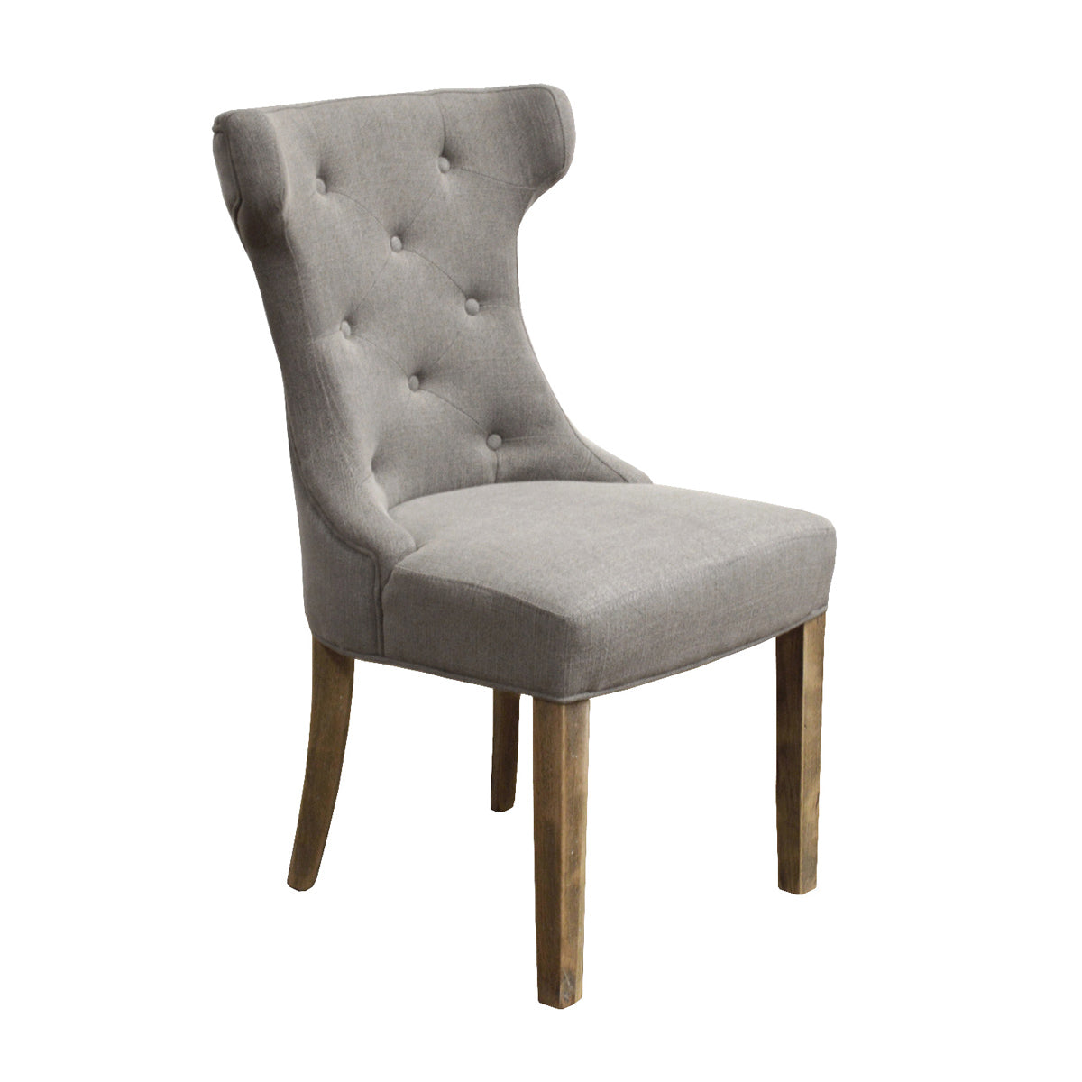 Grey upholstered scoop-back side chair on an oak frame