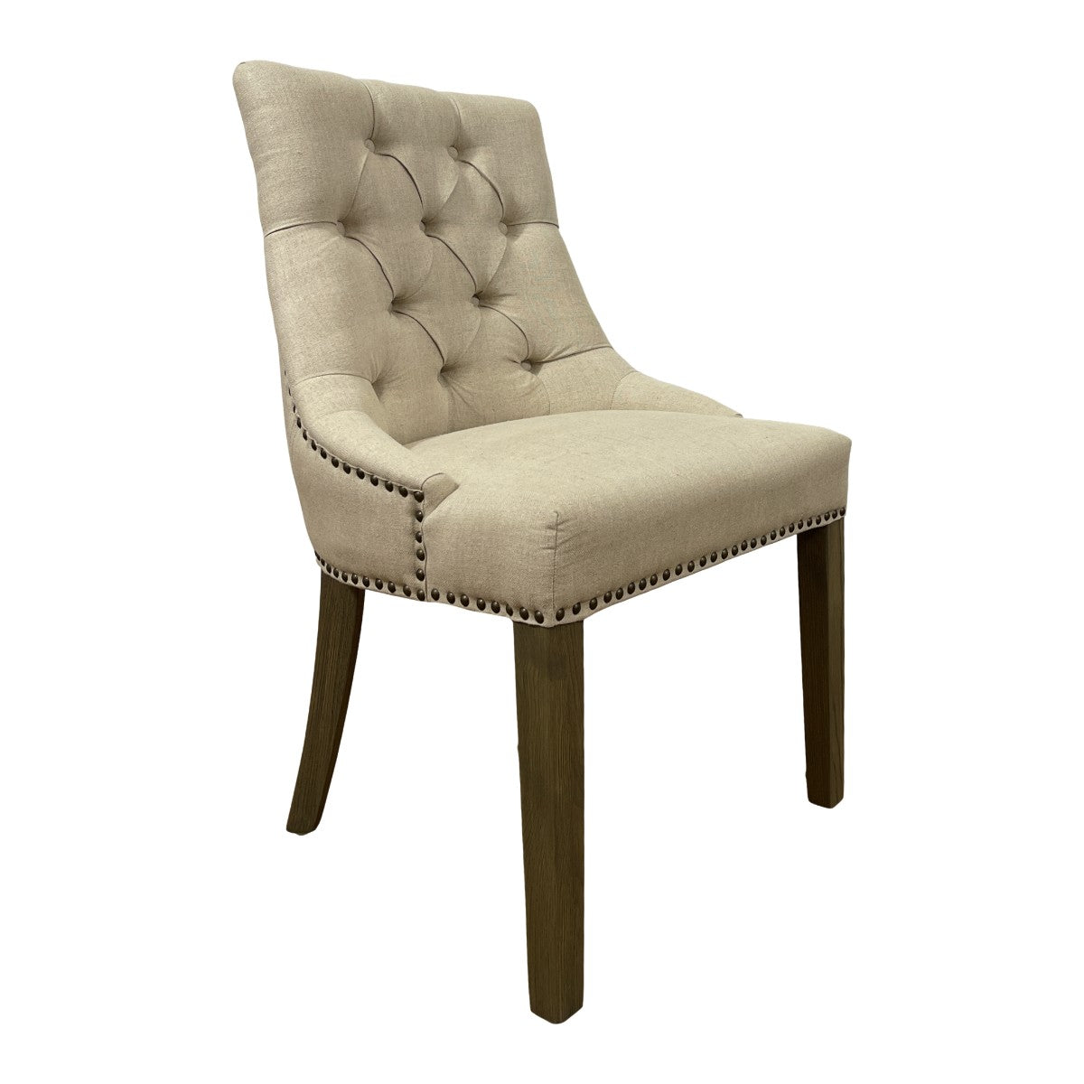Square-back side chair in ecru linen with button tufting on an oak frame