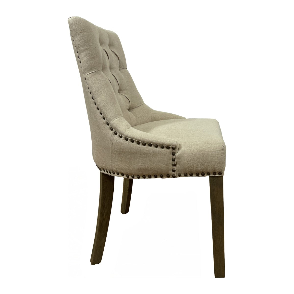 Square-back side chair in ecru linen with button tufting on an oak frame