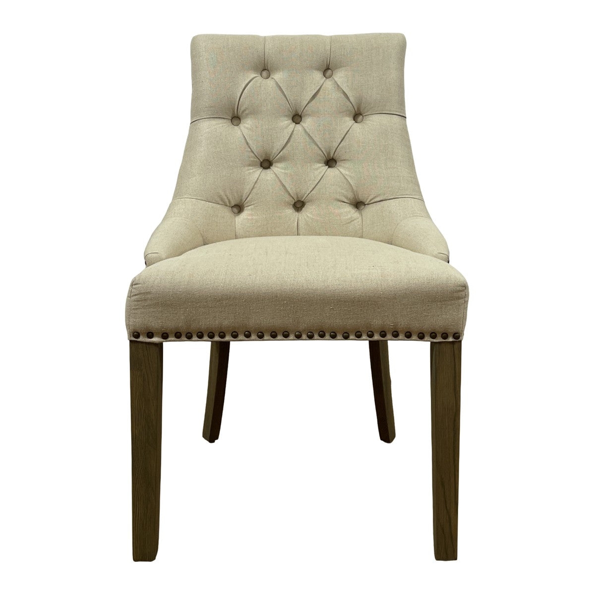 Square-back side chair in ecru linen with button tufting on an oak frame