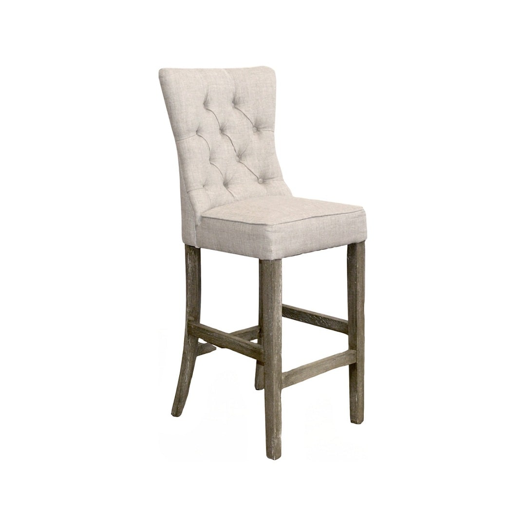 High-back bar stool upholstered in ecru linen on a wood frame