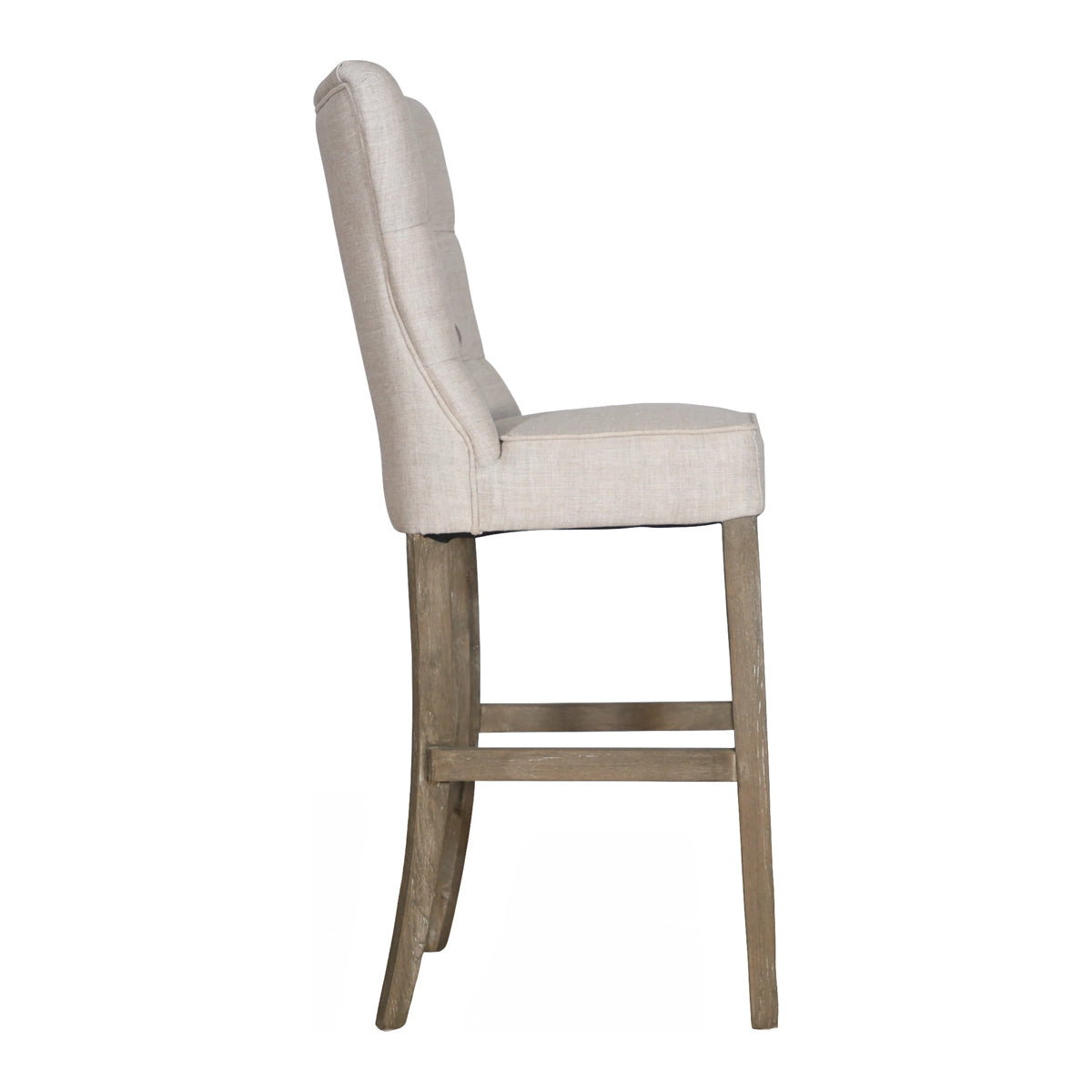 High-back bar stool upholstered in ecru linen on a wood frame