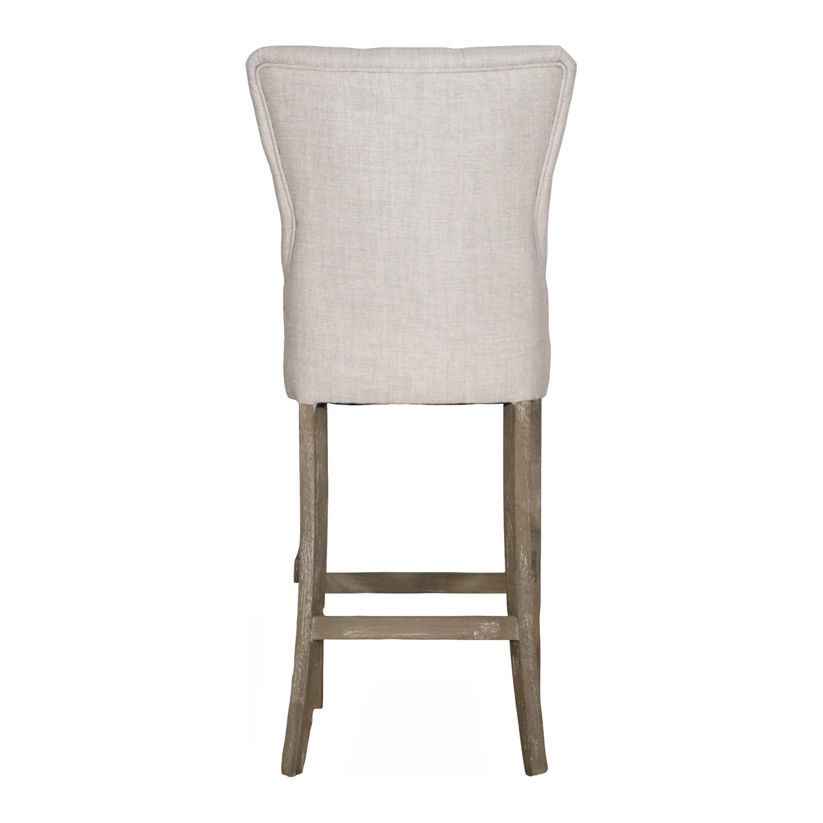 High-back bar stool upholstered in ecru linen on a wood frame