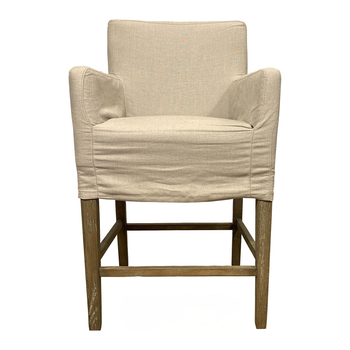 Ecru linen slipcovered counter stool with arms on a wood frame