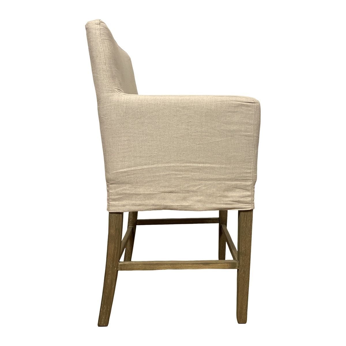 Ecru linen slipcovered counter stool with arms on a wood frame