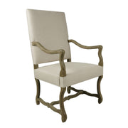 Linen high-back dining armchair with shaped arms on an oak frame