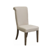 Ecru linen side chair with a tall rolled scroll back on an oak frame
