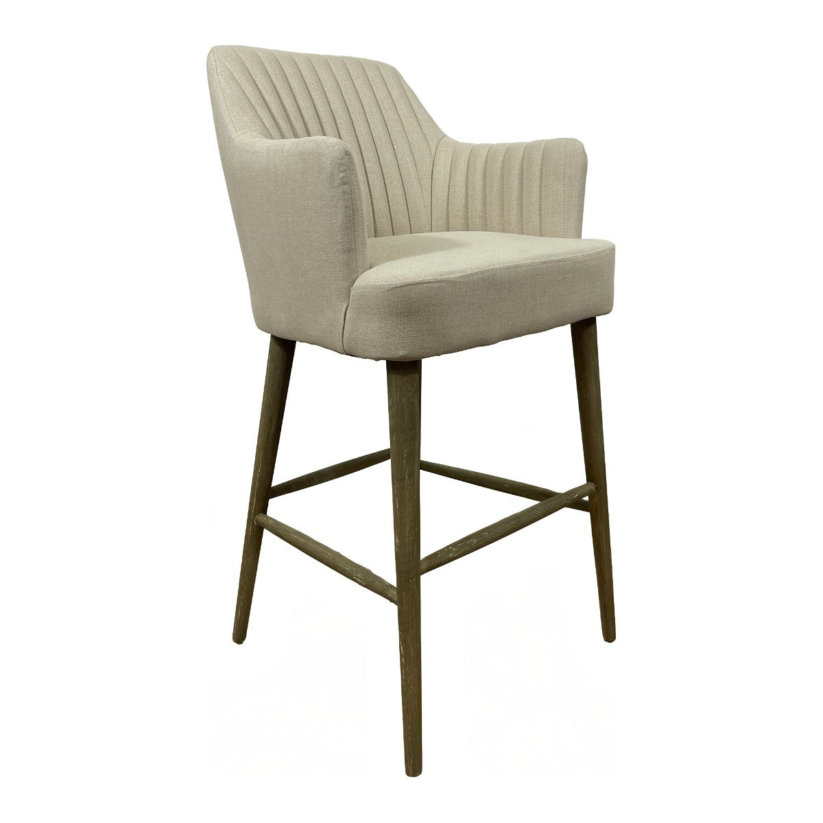Ecru linen bar stool with arms and channeled back on a wood frame