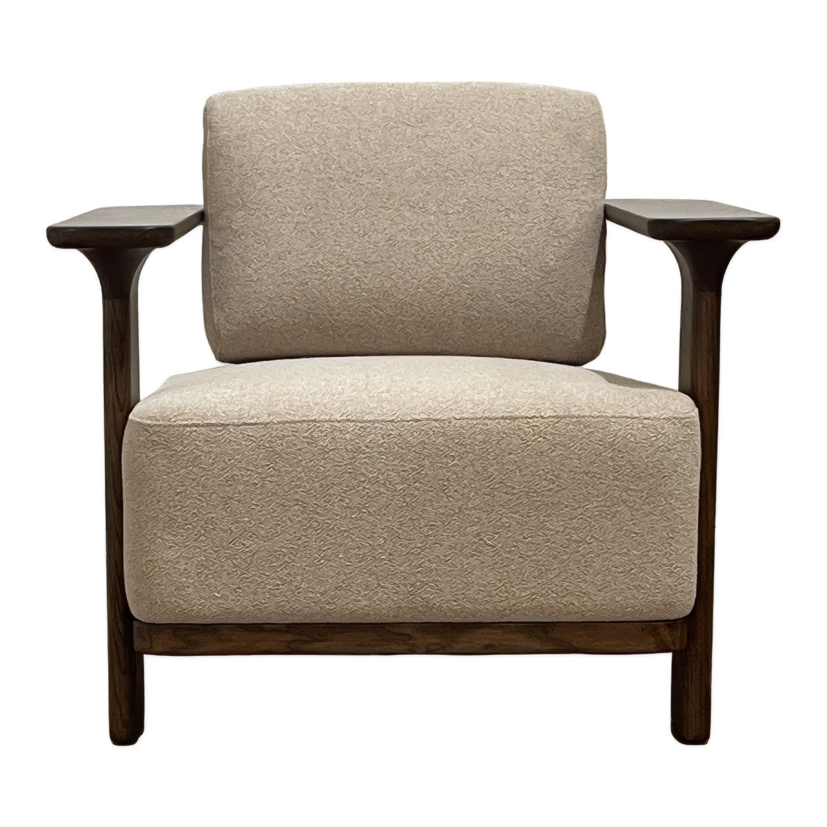 Low upholstered accent chair with wide arms on an ashwood frame
